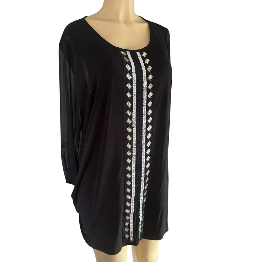 Alfani Women's Large Black Sheer Long Sleeves Shift Beaded Dress Cocktail Party